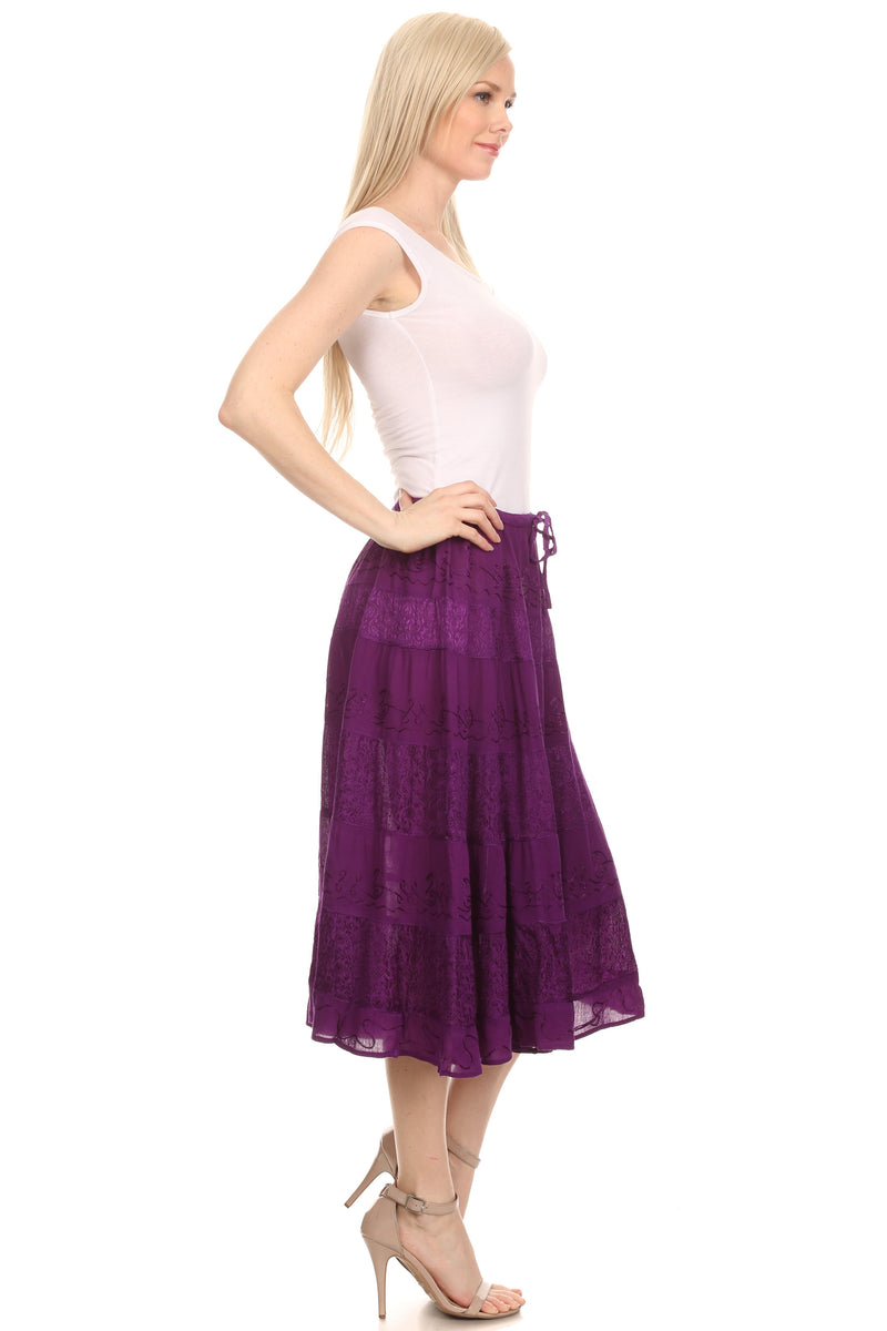 Sakkas Rowan Mid Length Bohemian Embroidered Skirt With Adjustable Waist