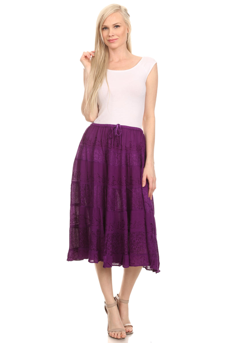 Sakkas Rowan Mid Length Bohemian Embroidered Skirt With Adjustable Waist