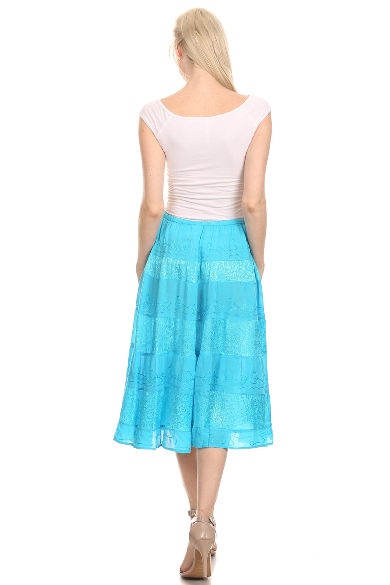 Sakkas Rowan Mid Length Bohemian Embroidered Skirt With Adjustable Waist
