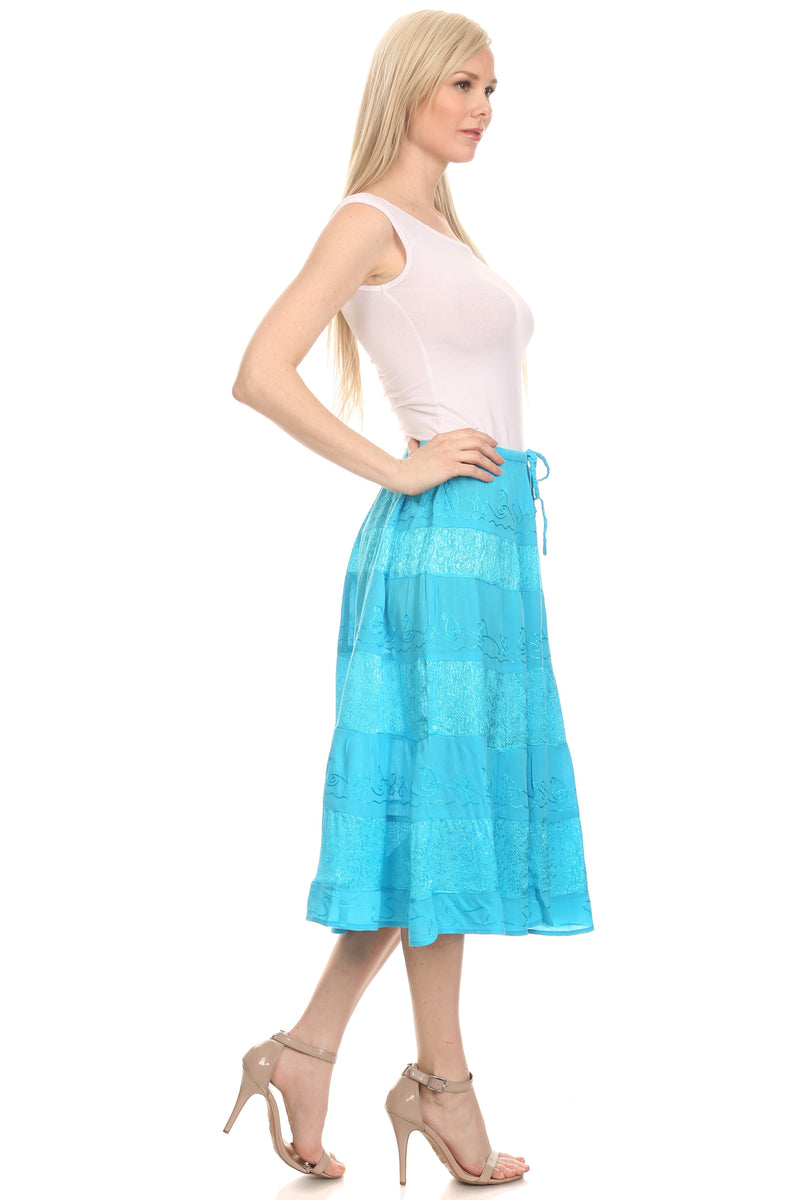 Sakkas Rowan Mid Length Bohemian Embroidered Skirt With Adjustable Waist