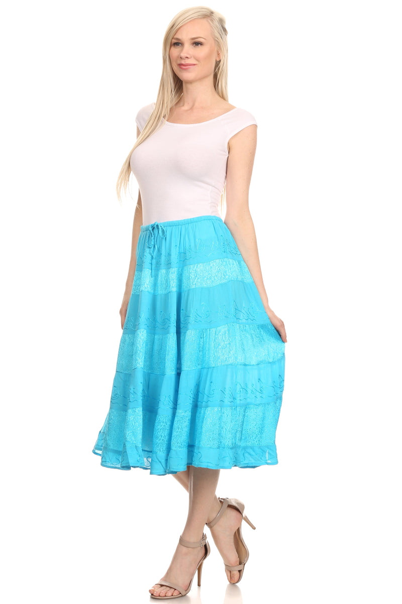 Sakkas Rowan Mid Length Bohemian Embroidered Skirt With Adjustable Waist