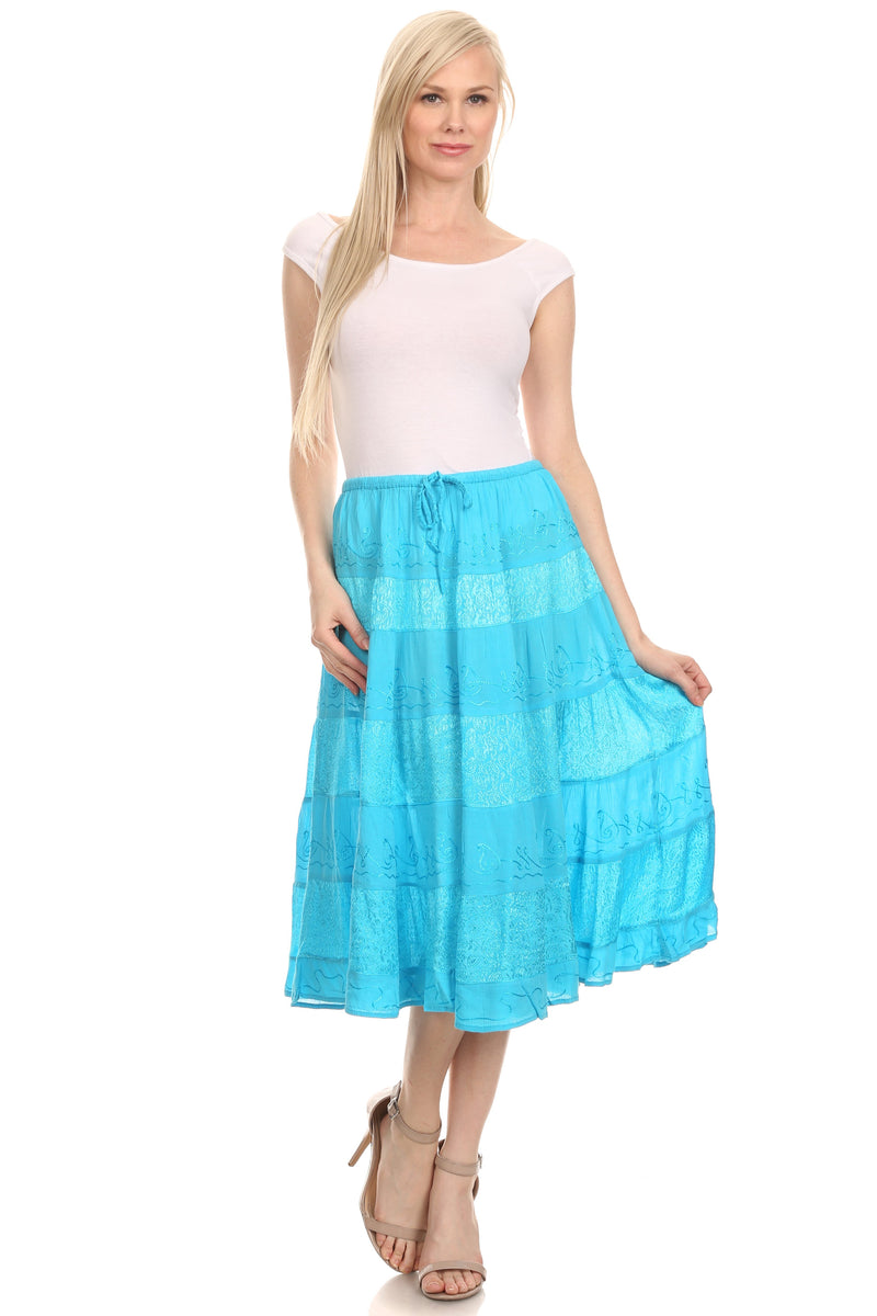 Sakkas Rowan Mid Length Bohemian Embroidered Skirt With Adjustable Waist