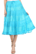 Sakkas Rowan Mid Length Bohemian Embroidered Skirt With Adjustable Waist#color_Turquoise