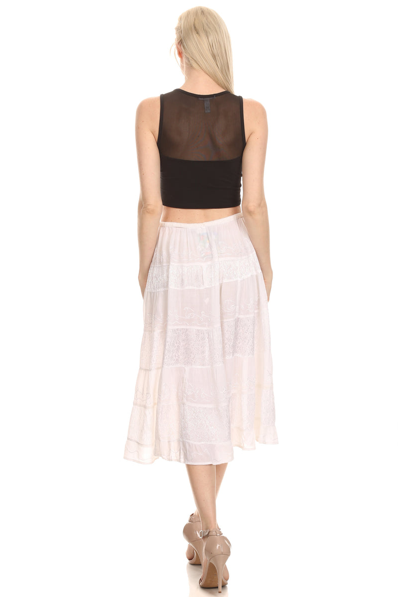 Sakkas Rowan Mid Length Bohemian Embroidered Skirt With Adjustable Waist