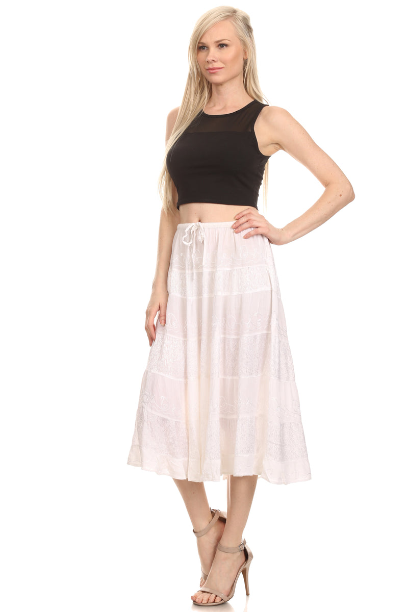 Sakkas Rowan Mid Length Bohemian Embroidered Skirt With Adjustable Waist