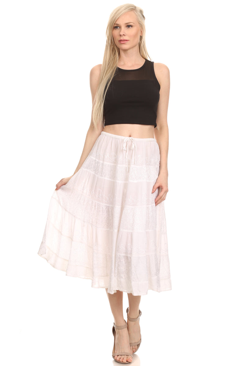Sakkas Rowan Mid Length Bohemian Embroidered Skirt With Adjustable Waist