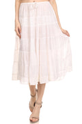 Sakkas Rowan Mid Length Bohemian Embroidered Skirt With Adjustable Waist#color_White