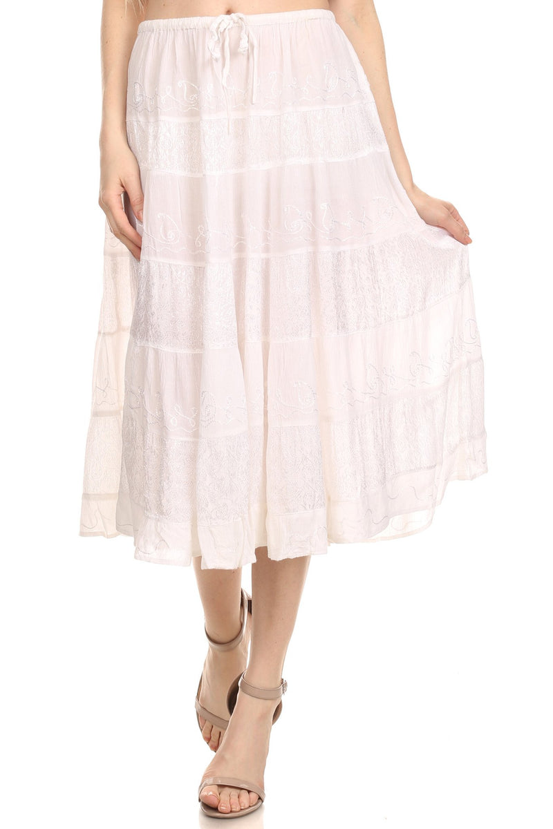 Sakkas Rowan Mid Length Bohemian Embroidered Skirt With Adjustable Waist