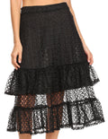 Sakkas Lavinia Women's Basic Versatile Lace Ruffle Midi Skirt Vintage A line #color_29174-Black 