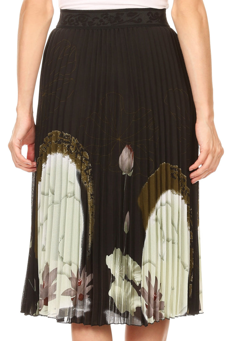 Sakkas Caasi Midi Pleated Light Crepe Skirt with Print and Elastic Waist