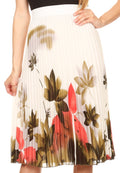 Sakkas Caasi Midi Pleated Light Crepe Skirt with Print and Elastic Waist #color_Cream/Green