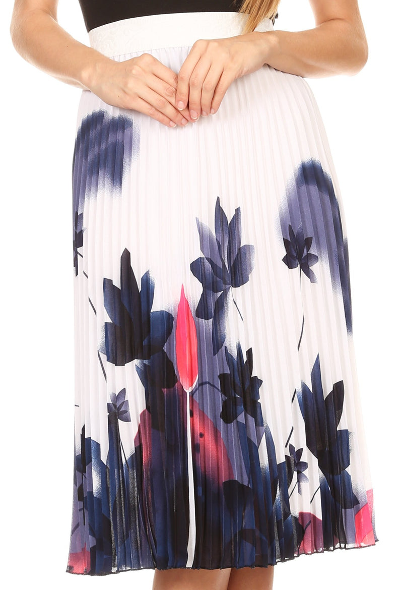 Sakkas Caasi Midi Pleated Light Crepe Skirt with Print and Elastic Waist