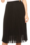 Sakkas Bianca Pleated Casual Mid Skirt with Elastic Waist and  Lining#color_Black