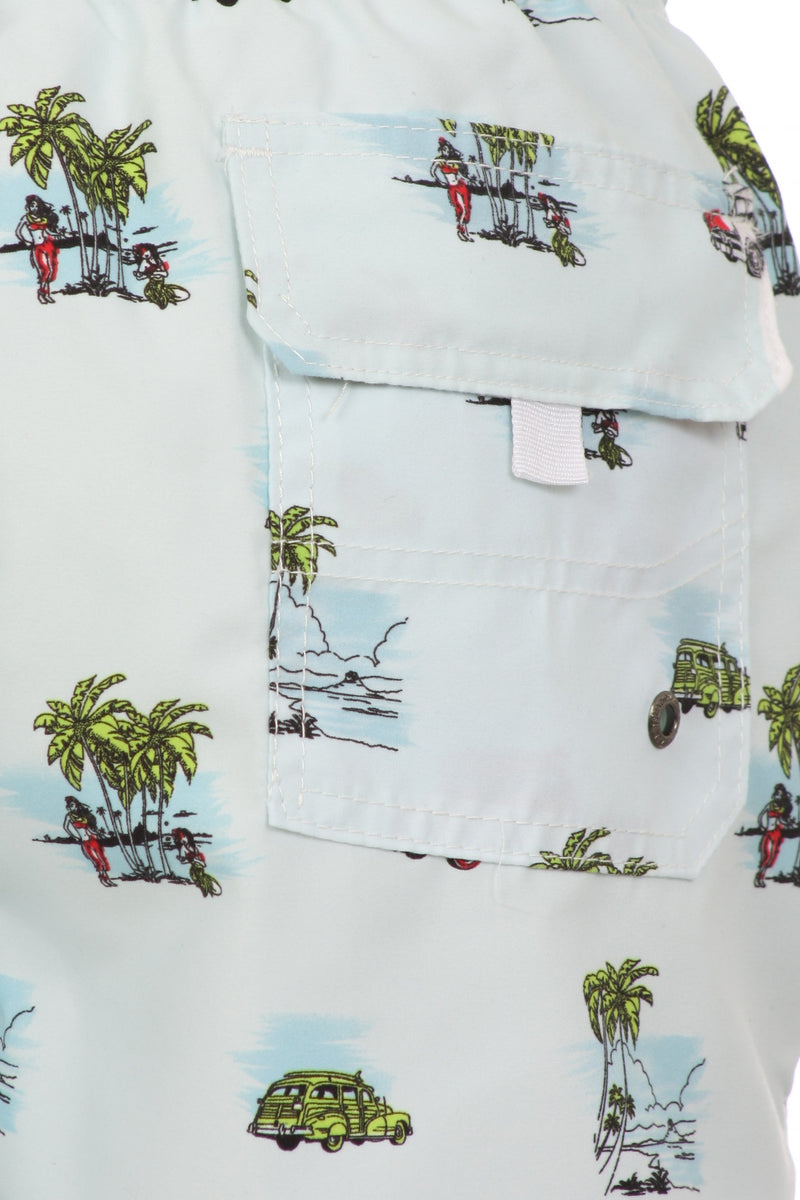 Sakkas Bailer Short Aloha Palm Tree Car Printed Skate Surf Board Short Swim Trunk