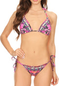 Sakkas Yasma Printed Embellished Strappy Two-Piece Halter Bikini Bathing Swimsuit#color_17039-Fuchsia