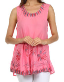 Sakkas Embroidered Watercolor Palm Tree Flared Hem Blouse