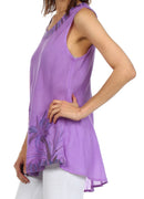 Sakkas Embroidered Watercolor Palm Tree Flared Hem Blouse