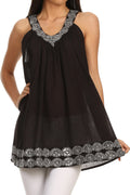 Sakkas Tyra  Sequin Embroidered Relaxed Fit Sleeveless V-Neck Top#color_Black