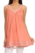 Sakkas Tyra  Sequin Embroidered Relaxed Fit Sleeveless V-Neck Top#color_Coral