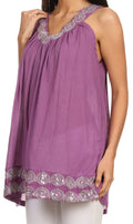 Sakkas Tyra  Sequin Embroidered Relaxed Fit Sleeveless V-Neck Top#color_Lavender