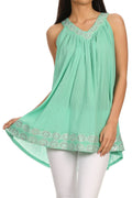 Sakkas Tyra  Sequin Embroidered Relaxed Fit Sleeveless V-Neck Top#color_Mint
