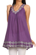 Sakkas Tyra  Sequin Embroidered Relaxed Fit Sleeveless V-Neck Top#color_Purple
