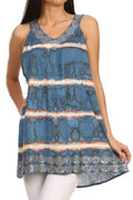 Sakkas Naya Sequin Embroidered Relaxed Fit Sleeveless V-Neck Top#color_Blue