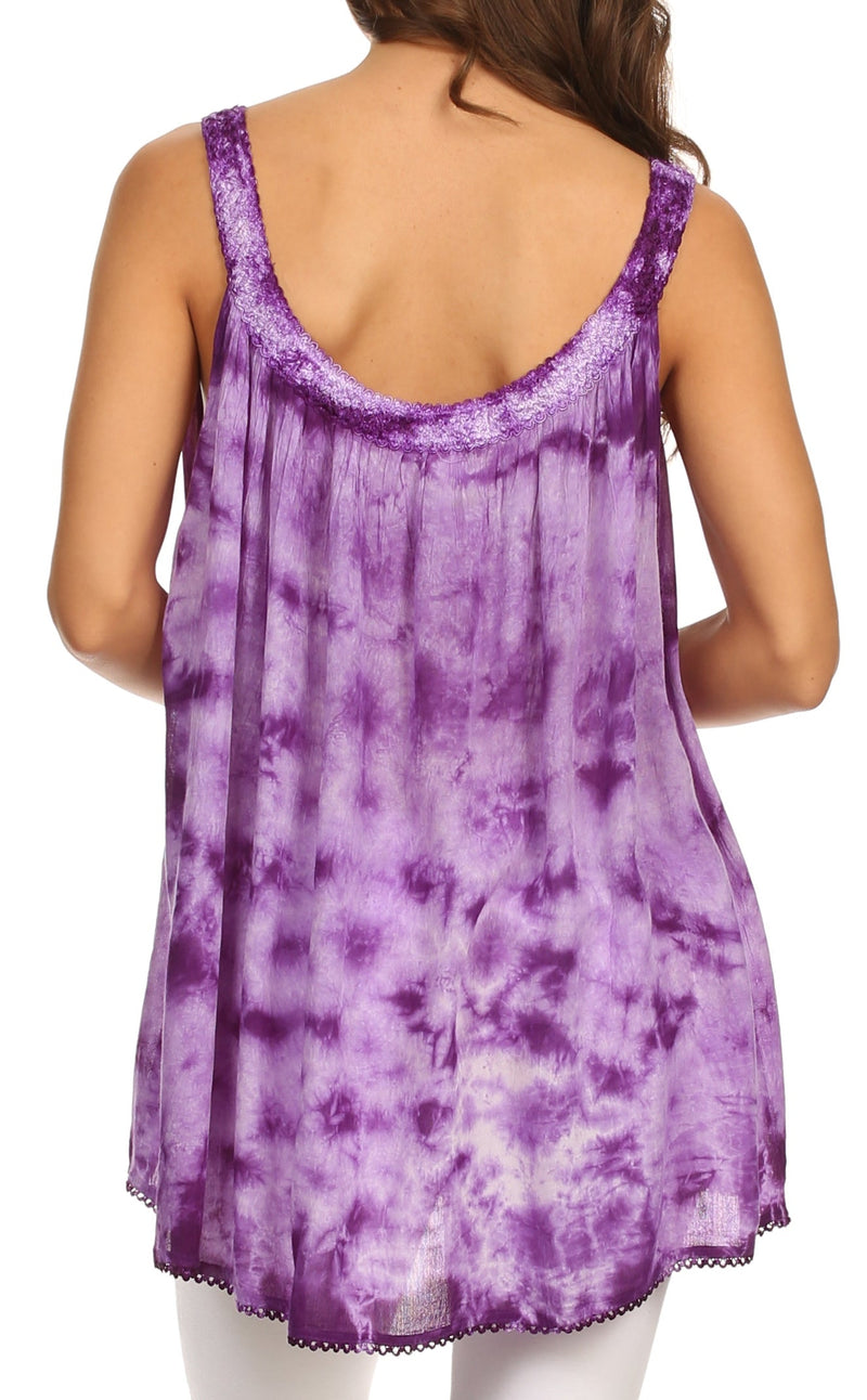 Sakkas Ashanti Embroidered Trim Picot Rayon Tie Dye Tank Top
