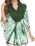 Sakkas Aneko Tie Dye Circle Poncho Blouse Top With Floral Emrbroidery And V Neck#color_Green