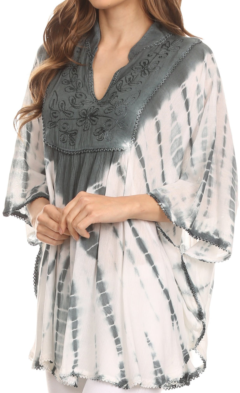 Sakkas Aneko Tie Dye Circle Poncho Blouse Top With Floral Emrbroidery And V Neck