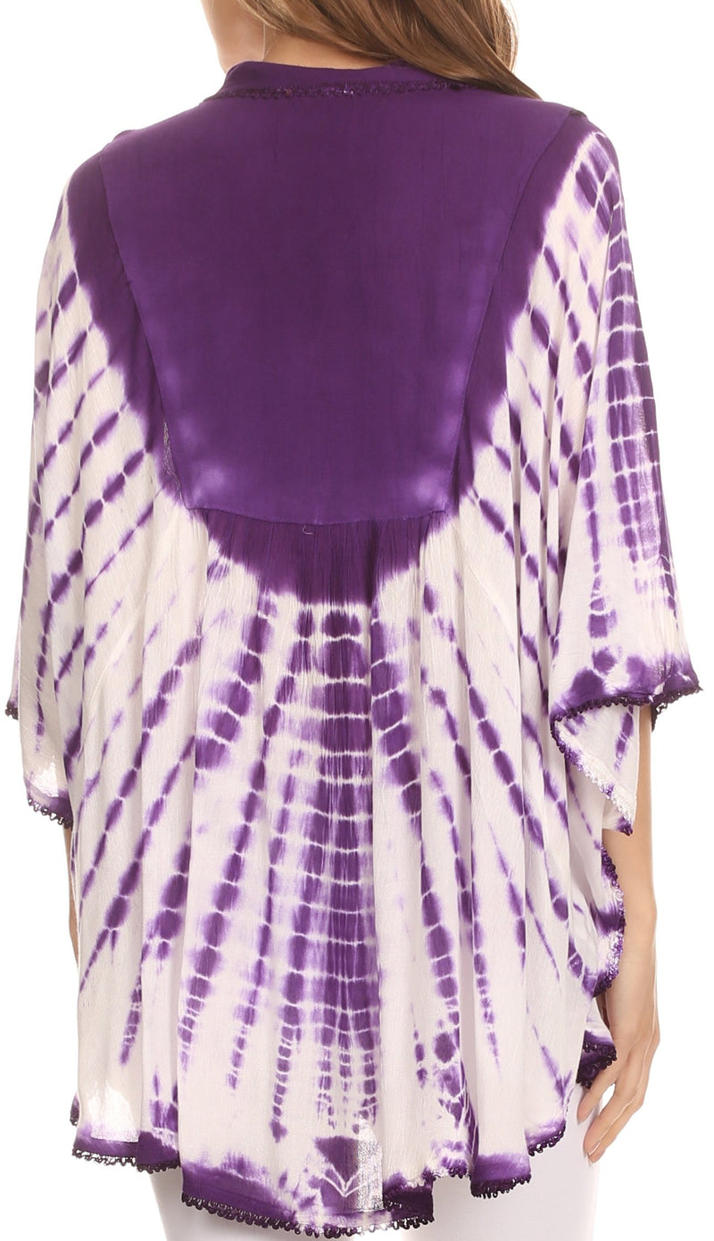 Sakkas Aneko Tie Dye Circle Poncho Blouse Top With Floral Emrbroidery And V Neck