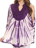 Sakkas Aneko Tie Dye Circle Poncho Blouse Top With Floral Emrbroidery And V Neck#color_Purple