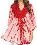 Sakkas Aneko Tie Dye Circle Poncho Blouse Top With Floral Emrbroidery And V Neck#color_Red