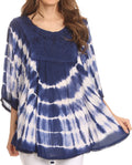 Sakkas Alannis Tie Dye Circle Poncho Top With With Wide Scoop Neck And Embroidery#color_Navy