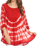 Sakkas Alannis Tie Dye Circle Poncho Top With With Wide Scoop Neck And Embroidery#color_Red