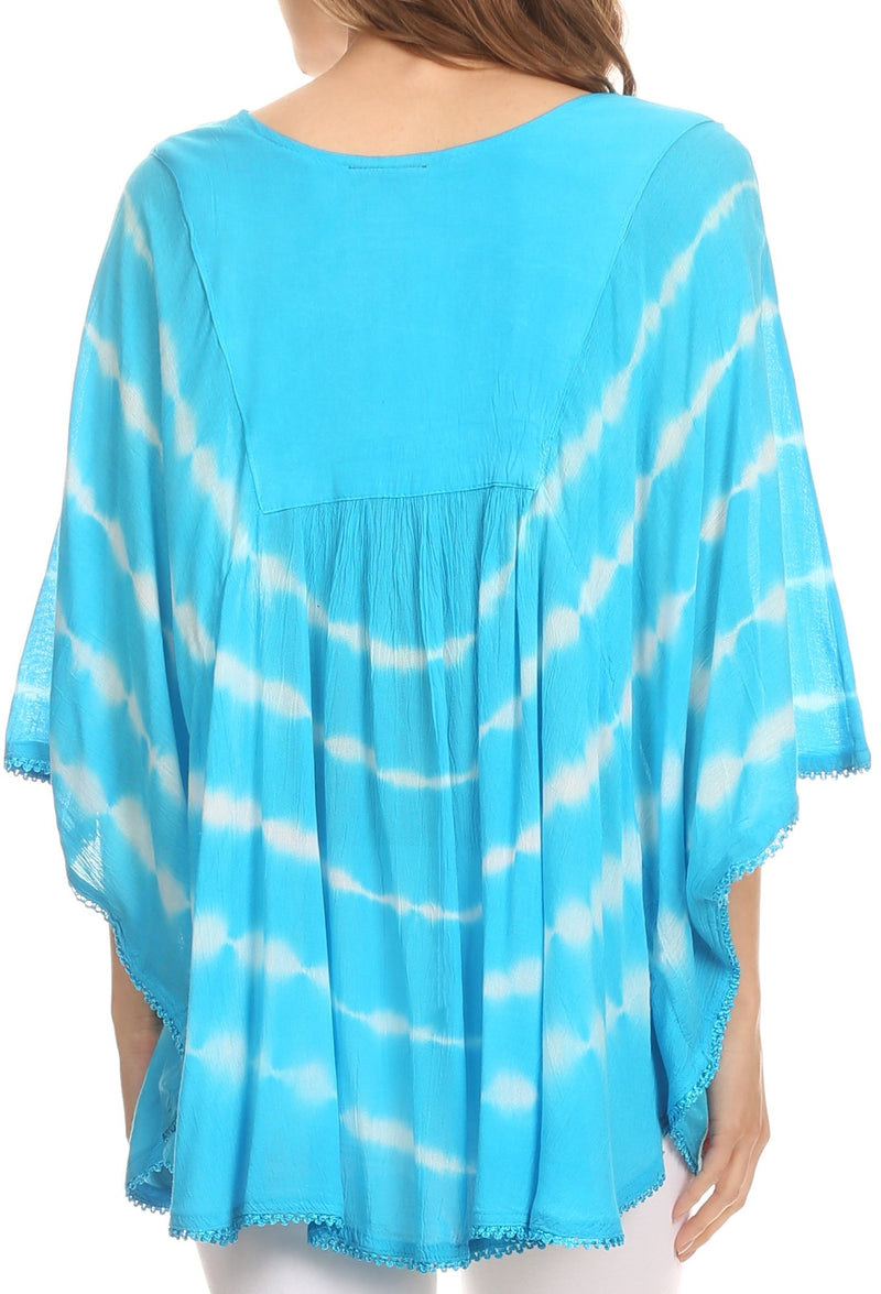 Sakkas Alannis Tie Dye Circle Poncho Top With With Wide Scoop Neck And Embroidery
