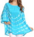 Sakkas Alannis Tie Dye Circle Poncho Top With With Wide Scoop Neck And Embroidery#color_Turquoise