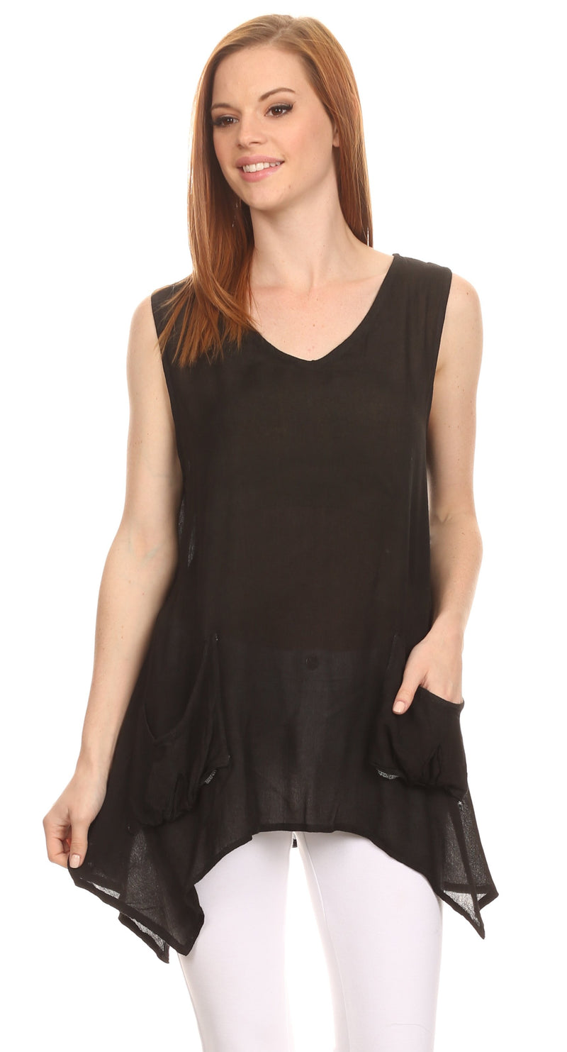 Sakkas Oprah Sleeveless Tank Side Tail Blouse Shirt Top With Two Front Pockets