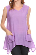 Sakkas Oprah Sleeveless Tank Side Tail Blouse Shirt Top With Two Front Pockets#color_Purple