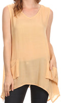 Sakkas Oprah Sleeveless Tank Side Tail Blouse Shirt Top With Two Front Pockets#color_Sand