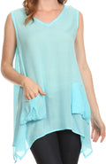 Sakkas Oprah Sleeveless Tank Side Tail Blouse Shirt Top With Two Front Pockets#color_Turquoise