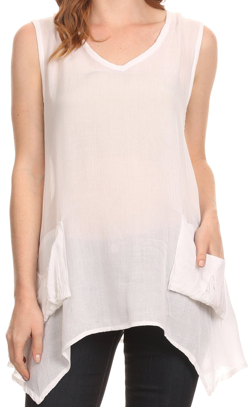 Sakkas Oprah Sleeveless Tank Side Tail Blouse Shirt Top With Two Front Pockets