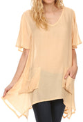 Sakkas Elisia Long Tall Short Sleeve V Neck Handkerchief Pocket Shirt Blouse Top#color_Beige