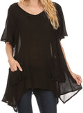 Sakkas Elisia Long Tall Short Sleeve V Neck Handkerchief Pocket Shirt Blouse Top#color_Black