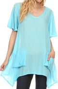 Sakkas Elisia Long Tall Short Sleeve V Neck Handkerchief Pocket Shirt Blouse Top#color_Blue