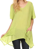 Sakkas Elisia Long Tall Short Sleeve V Neck Handkerchief Pocket Shirt Blouse Top#color_Green