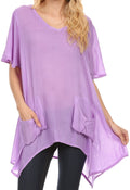 Sakkas Elisia Long Tall Short Sleeve V Neck Handkerchief Pocket Shirt Blouse Top#color_Purple