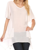 Sakkas Elisia Long Tall Short Sleeve V Neck Handkerchief Pocket Shirt Blouse Top#color_White