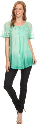 Sakkas  Vilma Long Blouse With Embroidery Lace Cap Sleeves And Corset Enclosure