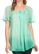 Sakkas  Vilma Long Blouse With Embroidery Lace Cap Sleeves And Corset Enclosure